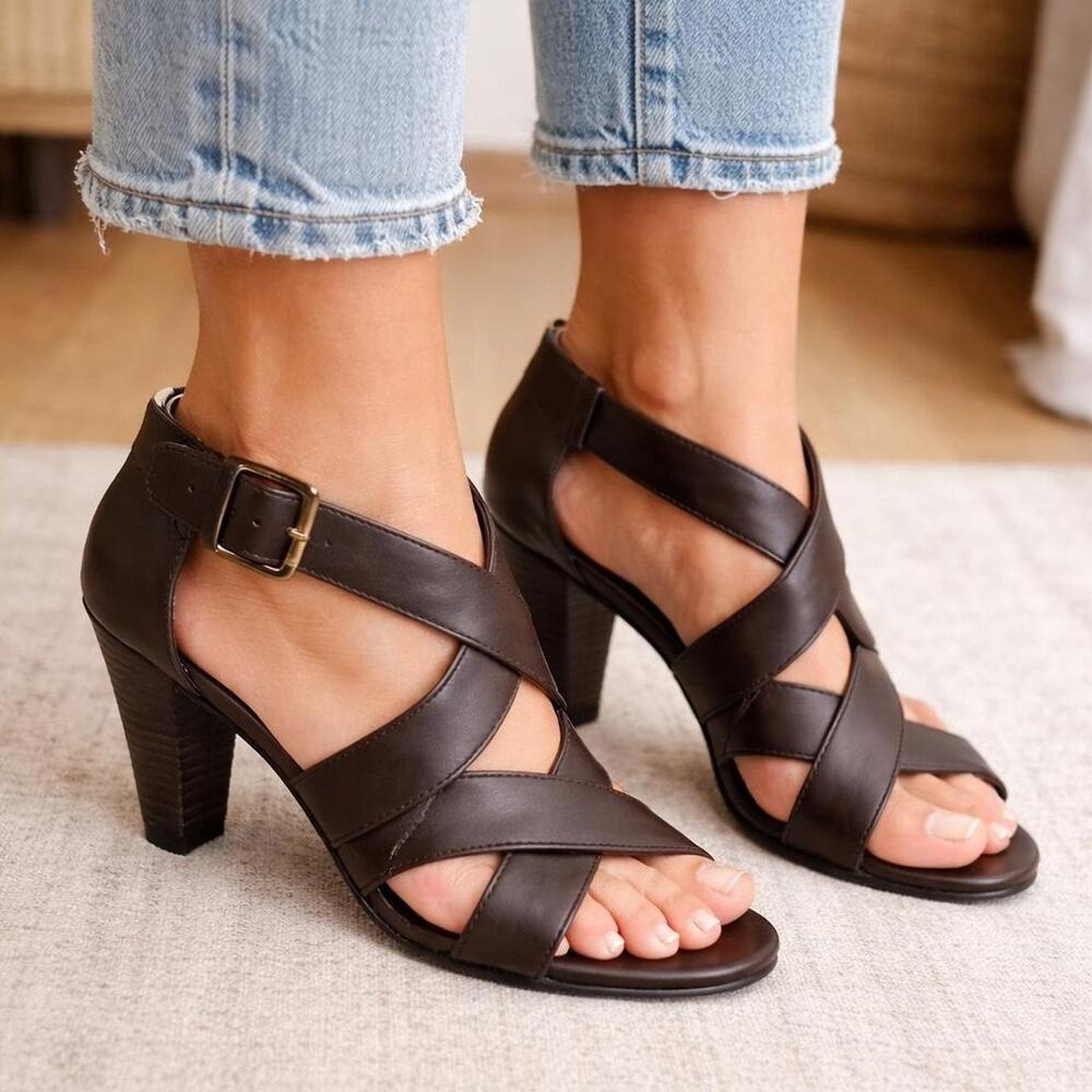 J Jill Leather Brown Strappy Heels Y2K Minimalist Chunky Sandals Size 10